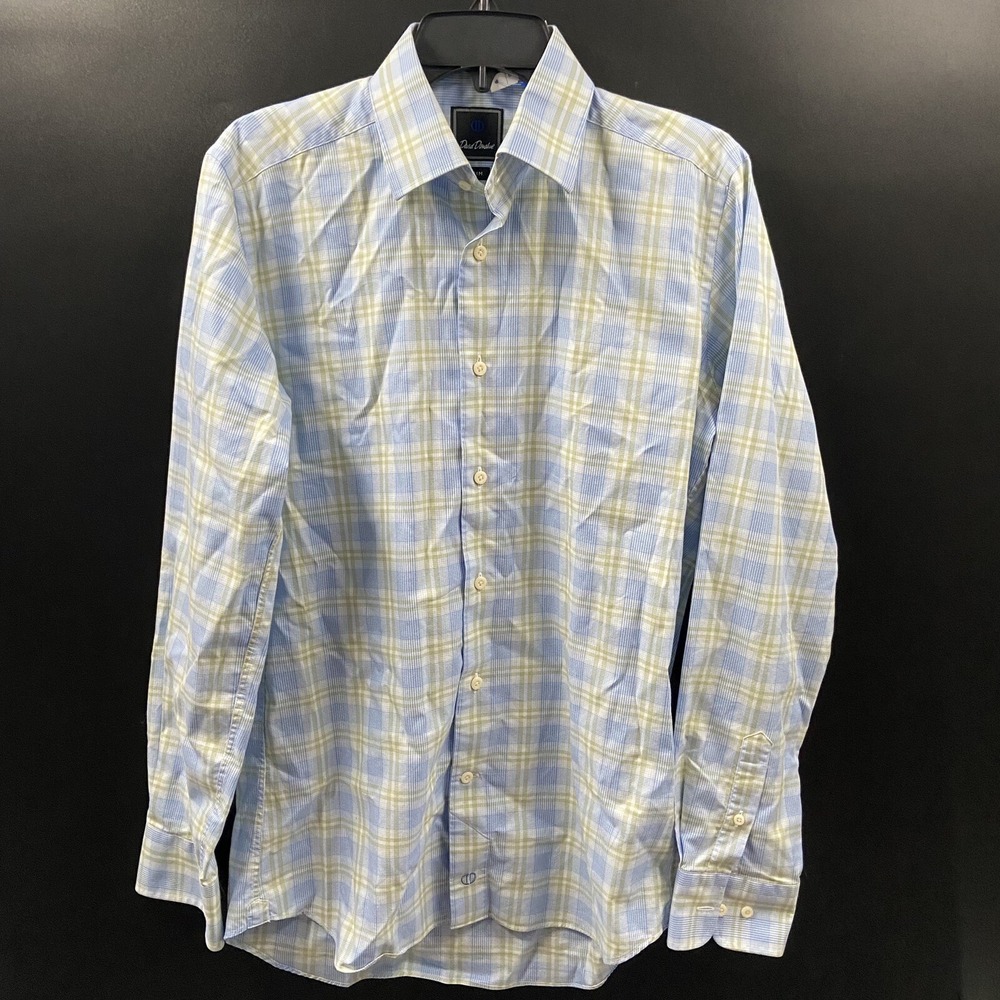 David Donahue Dress Shirt Mens 15.5 34/35 Green‎ Blue Plaid Trim Fit Cotton